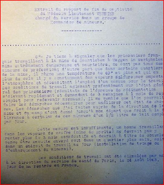 Extrait du rapport de fin de captivité du 24 août 1943, du médecin-lieutenant Raymond Vernier, chargé du service médical dans un groupe de Kommandos de mineurs à Meggen
